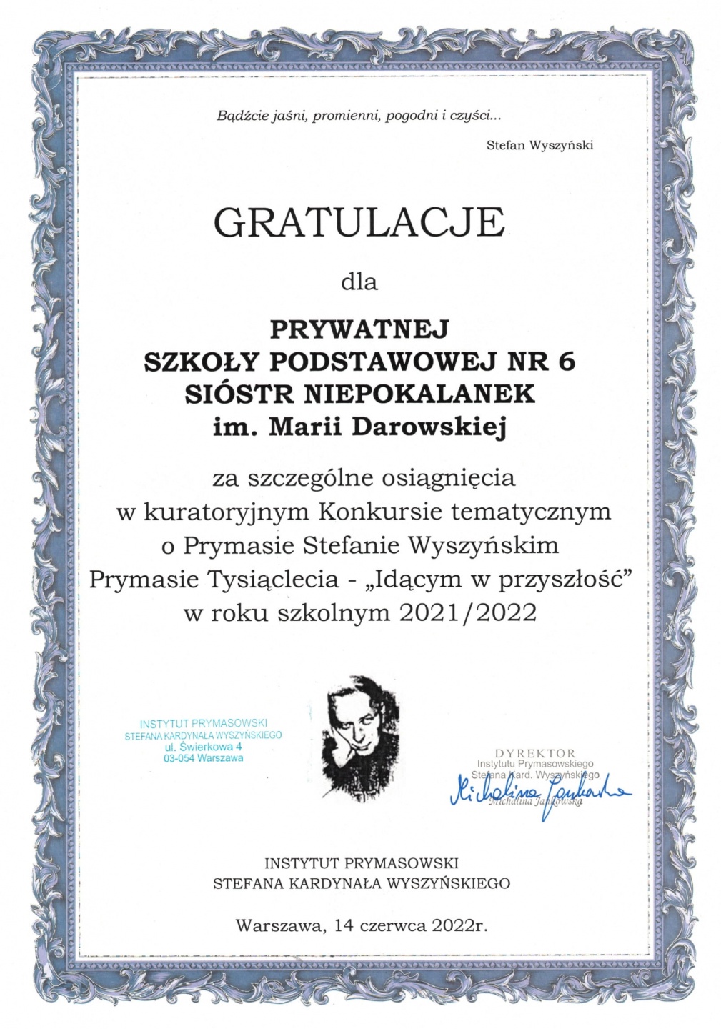 Dyplom w konkursie o Prymasie Stefanie Wyszyńskim